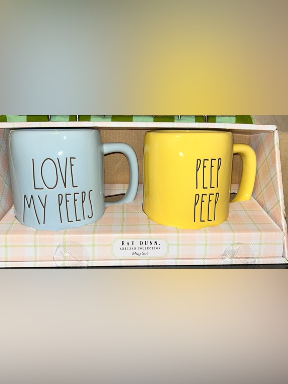 Rae Dunn Easter Mug Set of 2 Yellow & Blue dish/micro safe 19.5 ozs ea. NEW